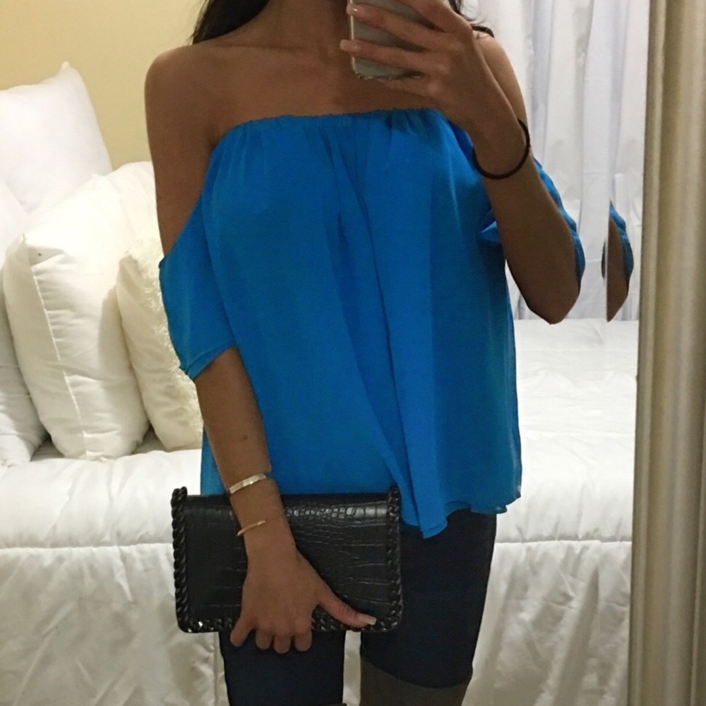T-Bags LA bright blue off shoulder silk shirt revolve xs 00